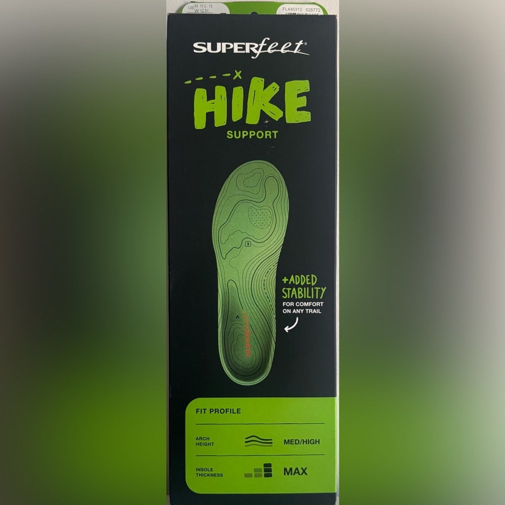 Superfeet Hike Support Innersoles, Men’s 11.5-13, New In Box